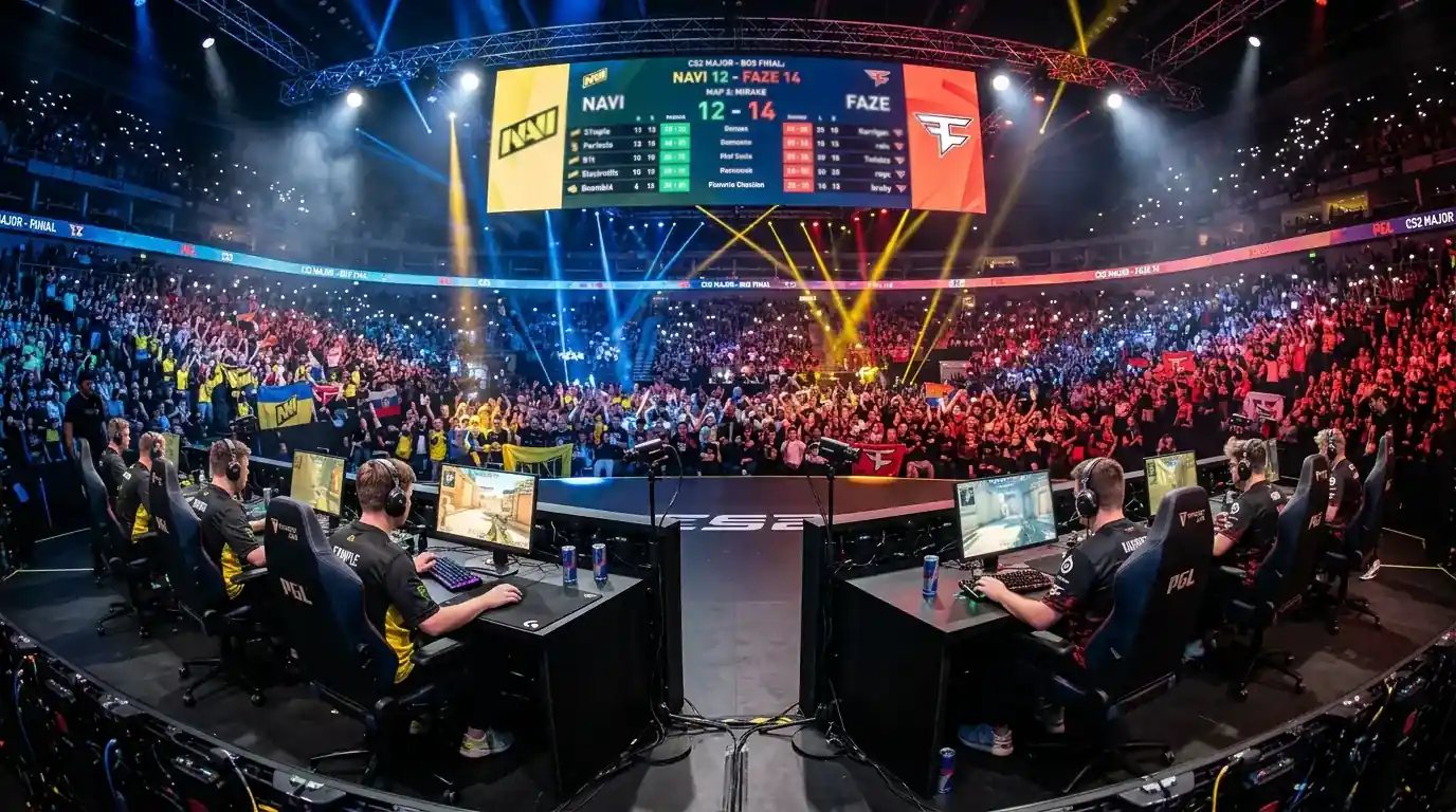 CS2 мейджър турнир — про играчи на сцена по време на мач